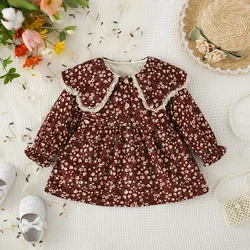 Spring and Autumn New Girl Baby Sweet Princess Dress Birthday Party Dress Fragmented Flower Flip Collar Lantern Sleeve Lace