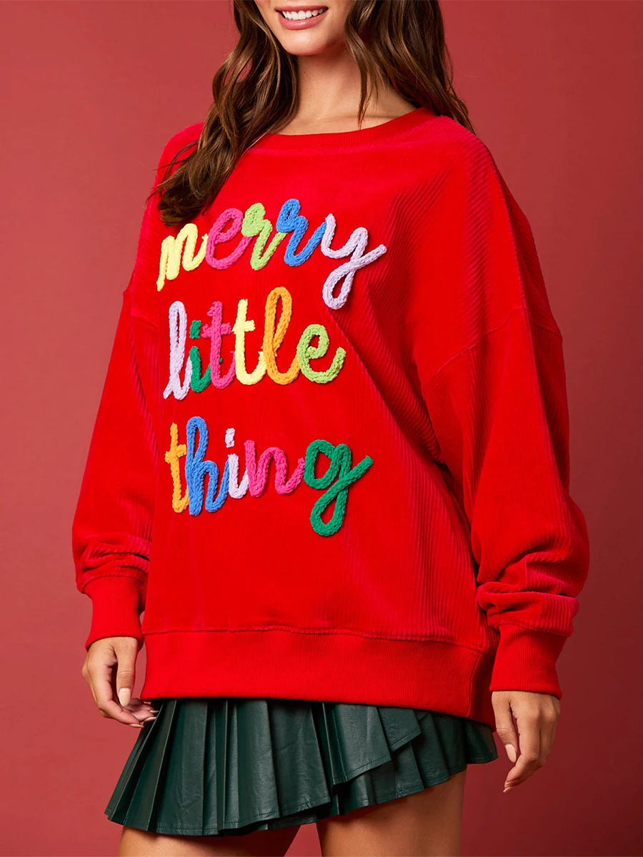 Women Christmas Sweatshirt Merry Embroidery Casual Baggy Long Sleeve Crewneck Pullover Knitted Sweater Xmas Holiday Top