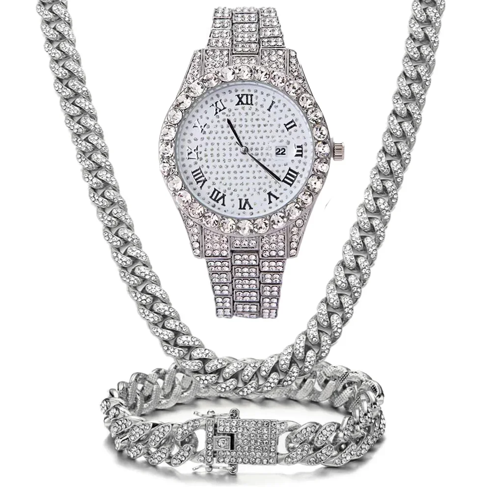

Роскошный комплект ювелирных изделий Bling Iced out Кубинская цепочка Ожерелье Часы Браслет Для мужчин Уличный клуб Рэп Праздничные подарки на день рождения Повседневная одежда