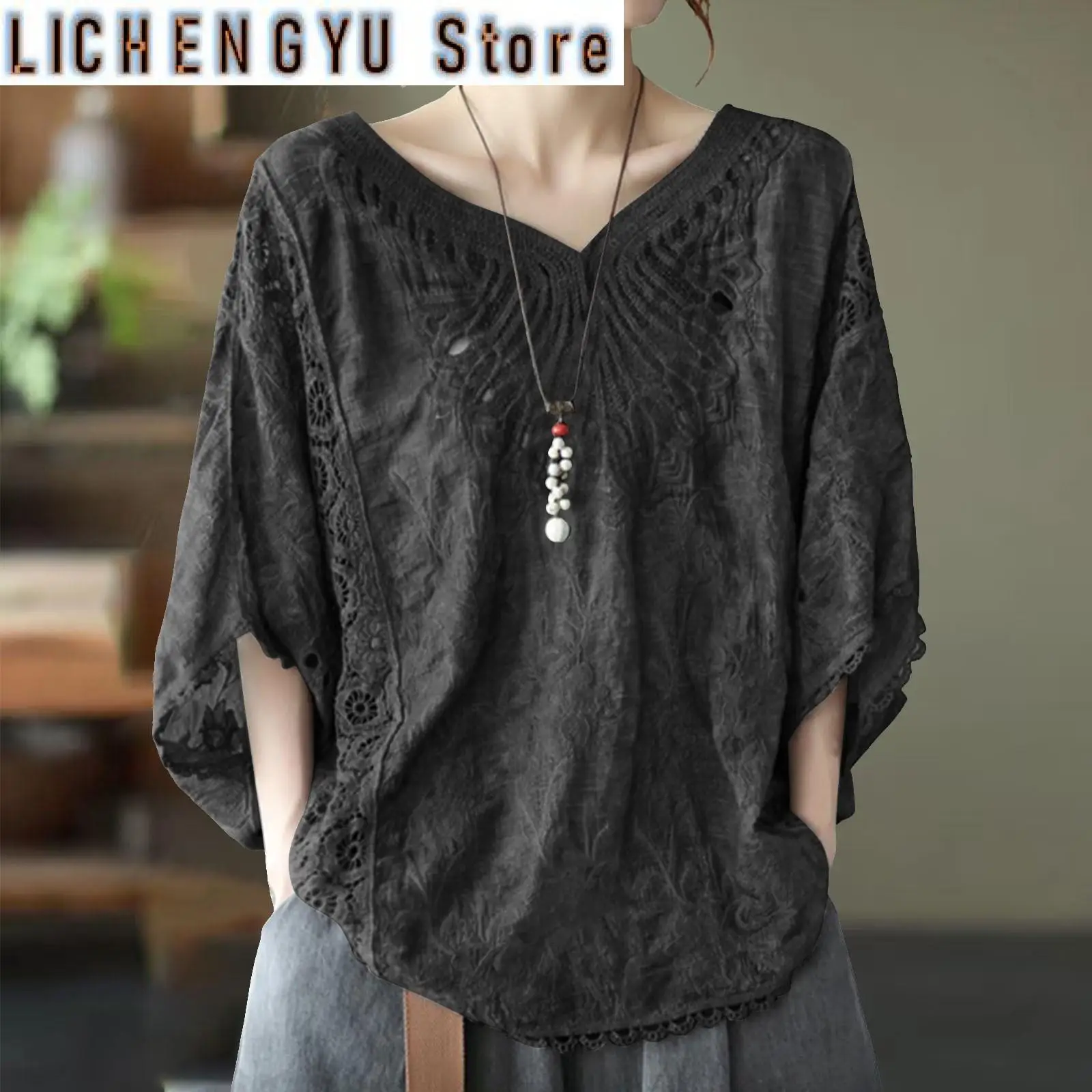 

Летние элегантные блузки для женщин, рубашка, женская кружевная рубашка с рукавом «летучая мышь», v-образный вырез, короткий рукав, Blusas De Mujer 2024 Tendencia