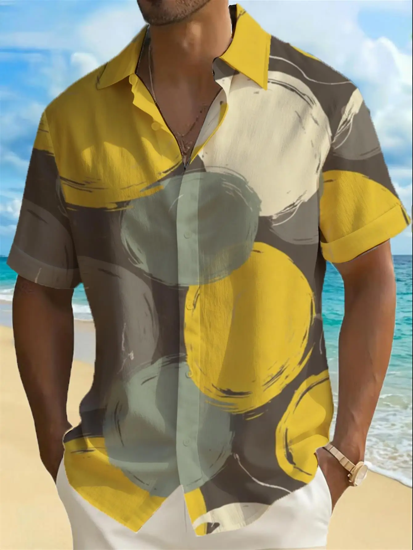 Men's Shirt Abstract Brush Circle Print Short Sleeve Lapel Button Down Hawaiian Summer Casual Tops Men Clothing