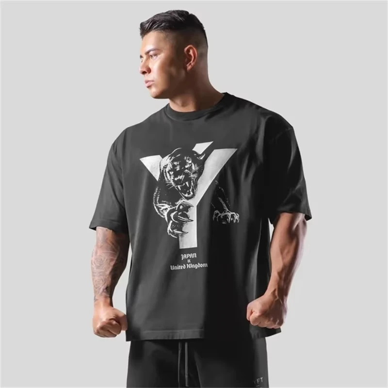 LYFT Oversized Leopard Y Print Men Cotton Gym T-Shirt Print Loose Men Clothing Street Casual Short Sleeve Comfortable Tees Tops