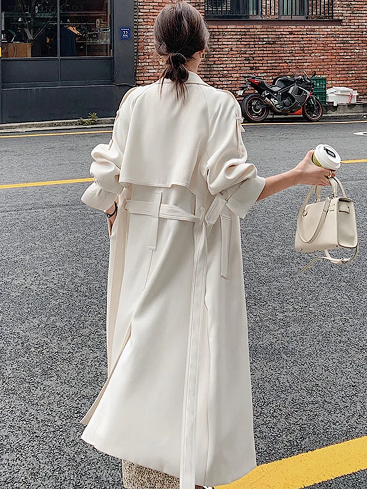 LANMREM Korean Style Mid Length Windbreaker Women Lapel Belt Gathered Waist Solid Color Trench Coat 2023 Autumn New 2AA2041