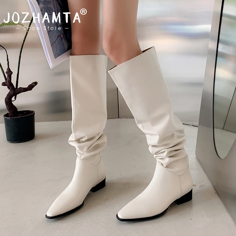 JOZHAMTASize 34-42 Women Knee Boots Soft Leather Ruched Thick Heel Shoes Fall Winter 2025 Ins Wide Calf Slip On Long Tall Boots