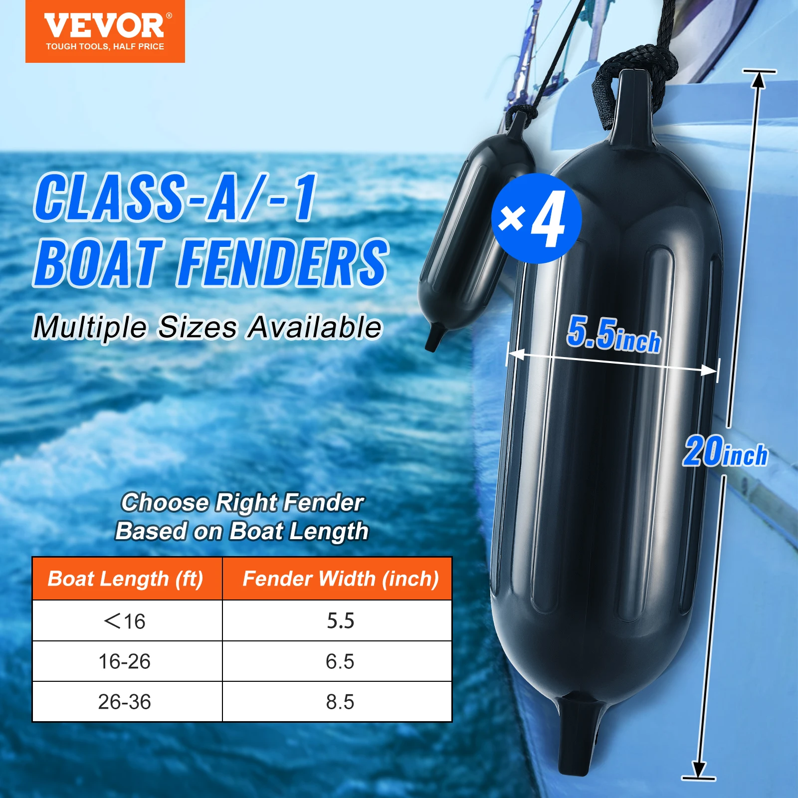 VEVO RInflatable Ribbed Fender with Center Holes Marine Boat Dock Fender Bumper with Air Pump 4 Needles 4 Ropes and Storage Bag