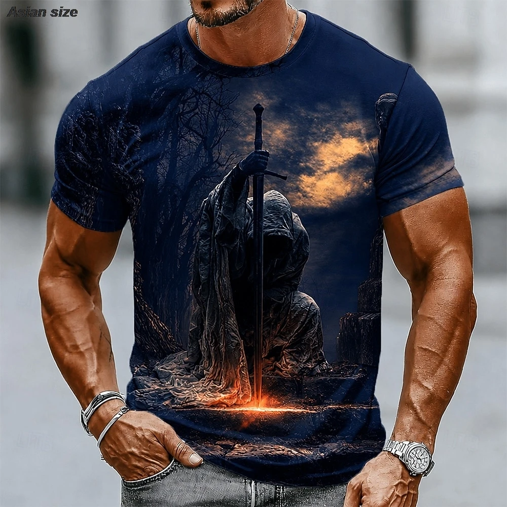 Men's Dark Warrior 3D Print T‑Shirt Mysterious Knight Pattern Crew Neck Short Sleeve Casual Party Tees