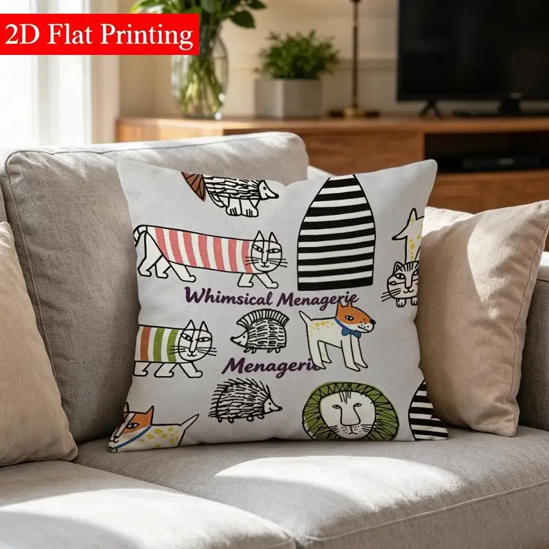 Whimsical Animal Print Pillow Case, Cute Cartoon Cat Dog Lion Cushion Cover, Fun Kids Room Sofa Bedroom Home Decor Gift for Pet