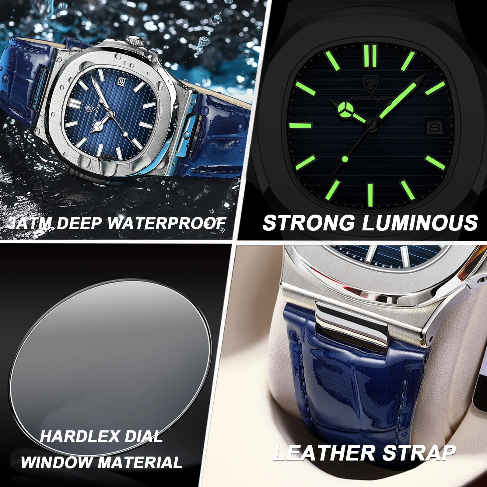 Men's Luxury Square Watch, Waterproof Luminous