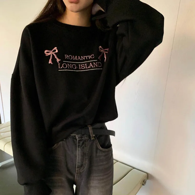 Bow Hoodie Sweatshirt Casual Loose O-Neck Long Sleeve Fashion Korean Style Letter Printing Cotton Streetwear Pullover Hoodies