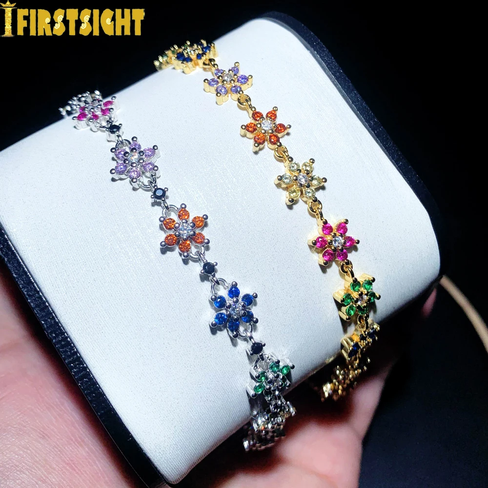 Gold silver Color Red Green Blue CZ Paved Flower Charm Bracelets Bangle Link Rainbow Zircon Stone Fashion Tennis Chain Jewelry