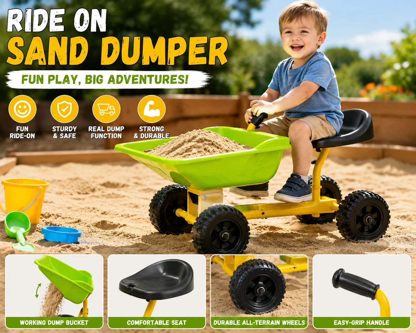 Ride On Sand Dumper for Kids,Outdoor Garden Dump Cart Heavy Duty Steel Sit On Pulling Wagon Play Toy for Boys Girls