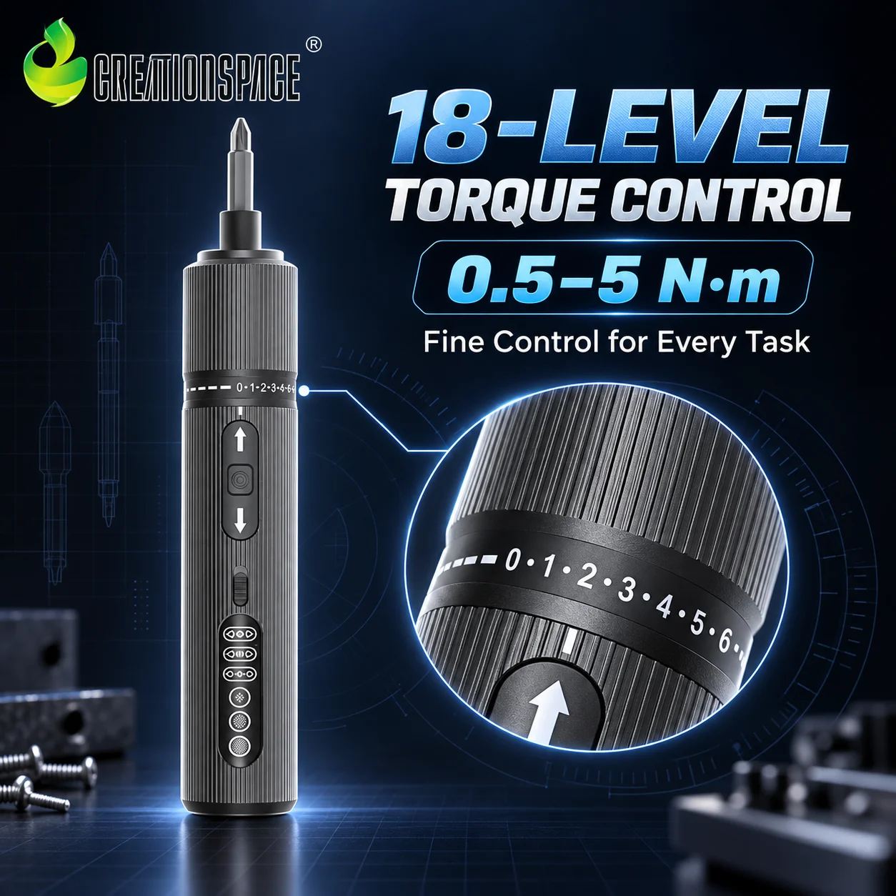 CREATIONSPACE 18-Level Torque Cordless Electric Screwdriver Kit 250RPM Type-C Rechargeable Precision Repair Power Tool Set