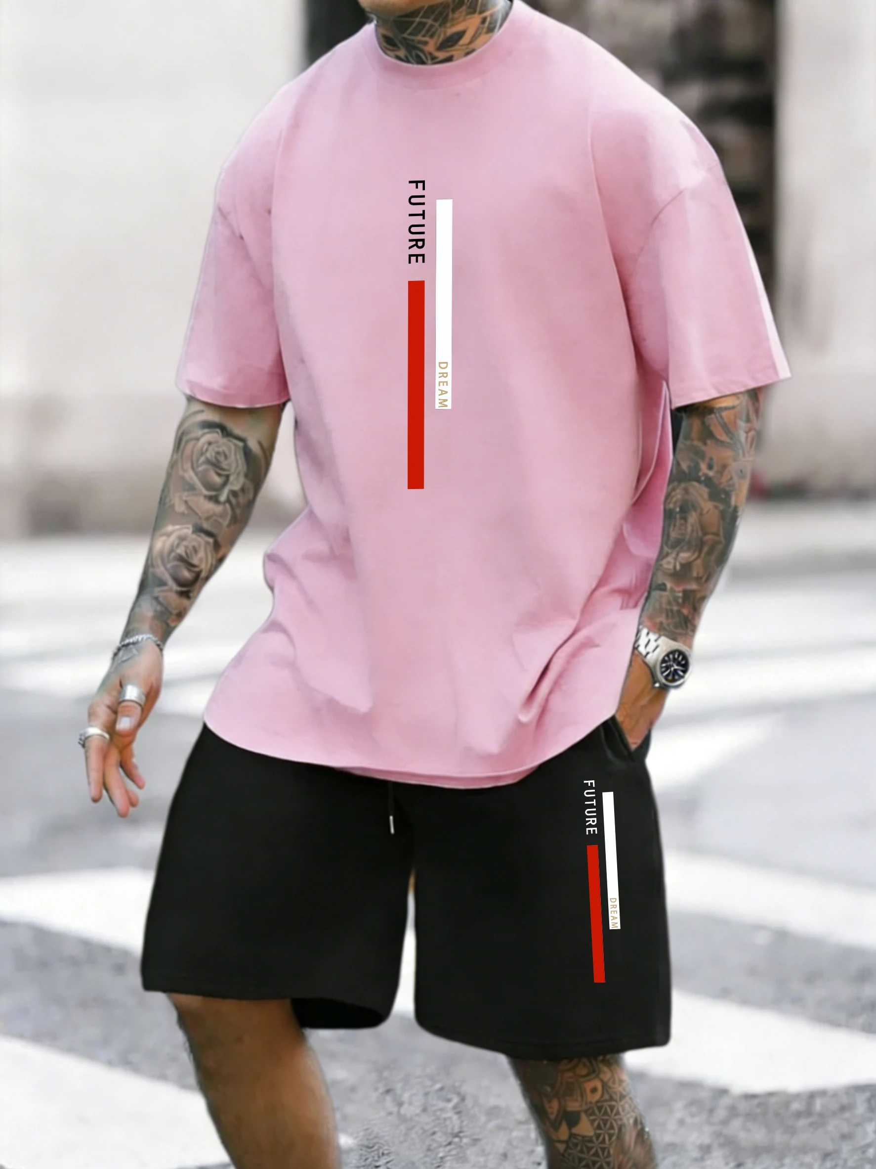 

Dream Future Line Prints Cotton Summer Soft Tees Set For Man'S New Running Commute Short Sleeve Drawstring Sport Pocket Pants