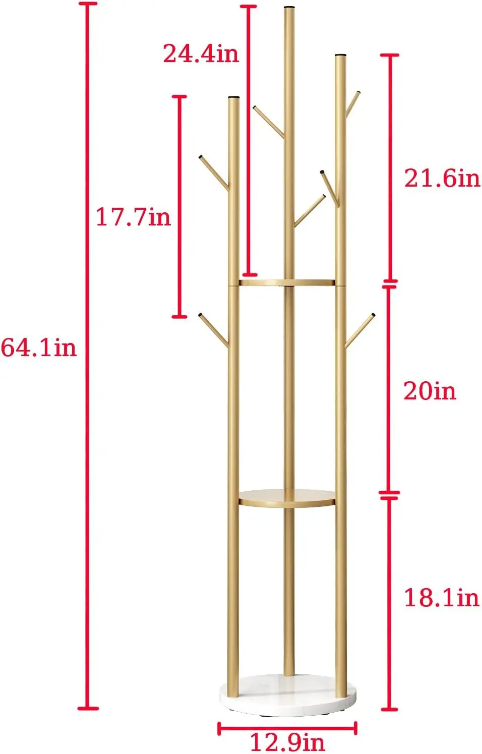 Gold Coat Racks Freestanding with 9 Hooks, Metal Coat Stand with Heavy Marble Base, Entryway Coat Tree Hanger, Purses Racks view 5