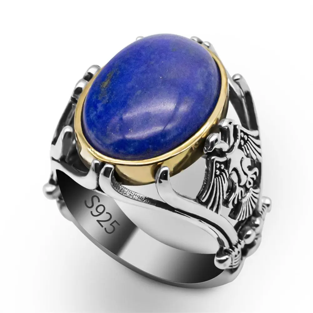

Wholesale Genuine 925 Sterling Silver Ring Natural Lapis Stone Handmade Vintage Turkish Unisize Adjustable Silver Mens Ring