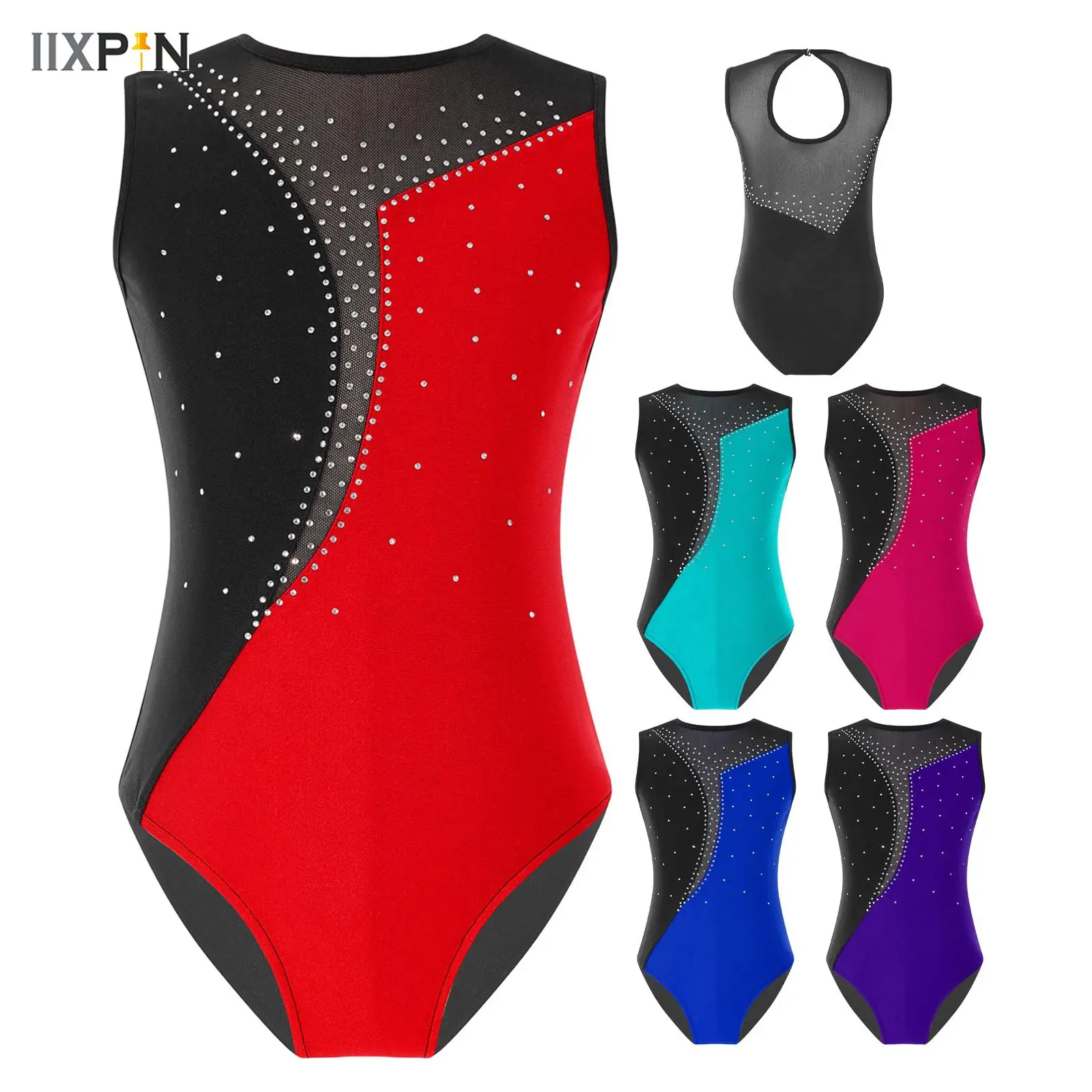 

New Kids Girls Ballet Gymnastics Leotards Dancewear Shiny Rhinestone Contrast Color Sleeveless Leotard Bodysuit for Performance