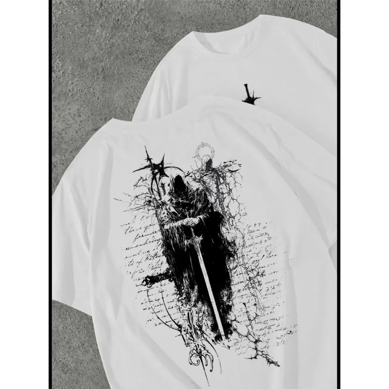 Women Oversized Back Print T‑Shirt Gothic Sword Cross Graphic Short Sleeve Tee Female Punk Streetwear Casual Tops