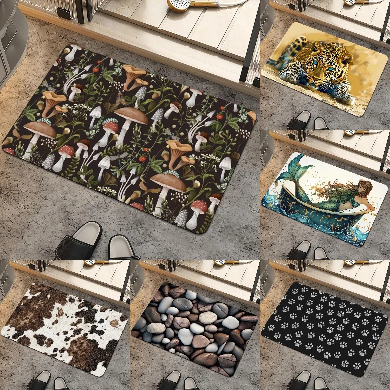Alfombra con estampado de leopardo y planta de setas, alfombra con patrón de sirena para baño, cocina, sala de estar, puerta, estampado Animal, decoración para suelo interior