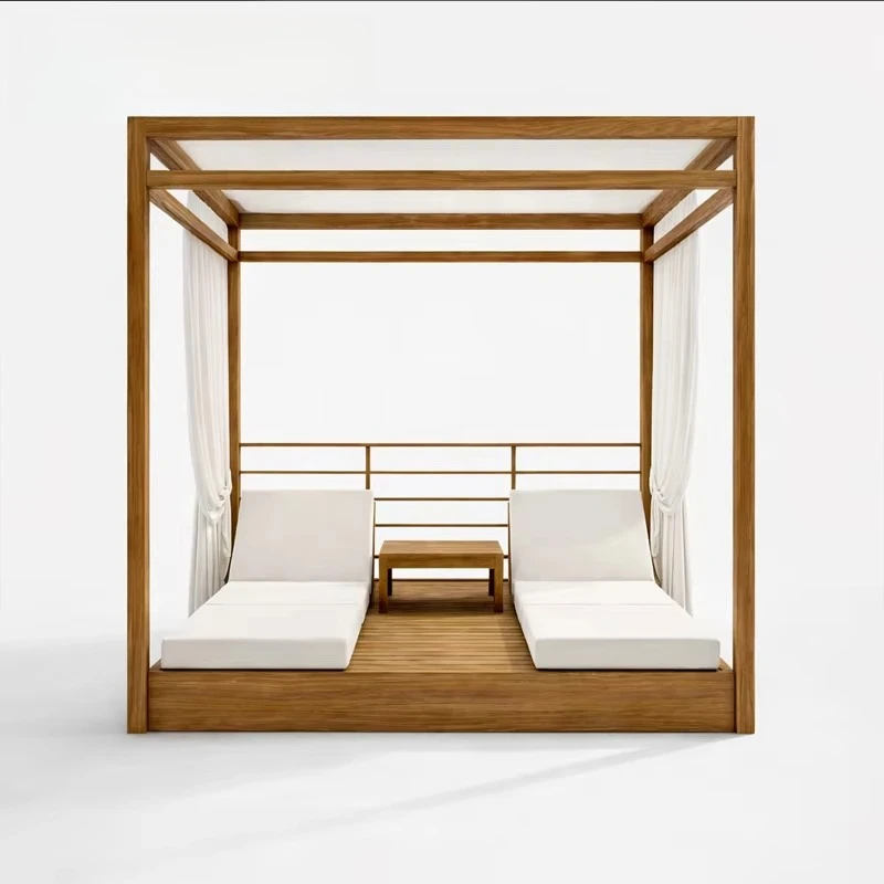 Contemporary Outdoor Patio Garden Set Luxury Shade Structure Solid Teak Canopy Daybed High Performance Fabric Sunbed