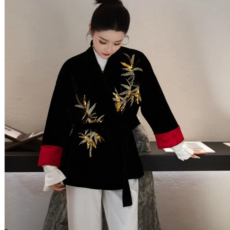 Women Winter V -Neck Silk+Velvet Retro Style Beaded Bamboo Embroidery Contrast Color Cuff +Lace Up Elegant Ladies Cotton Coat