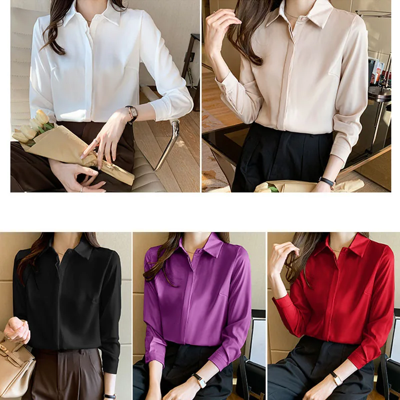 2024 Autumn New Satin Long Sleeves Turn Down Collar Korean Version Champagne Color Chiffon Shirt Blouse Women Tops Camisas C06