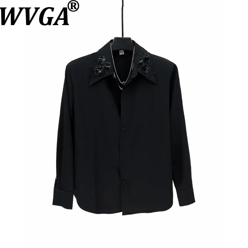 WVGA Spring Autumn New Man Embroidered Trendy Turn-Down Collar Shirts Niche Chic Casual Padded Shoulder Long Sleeved Tops W13859