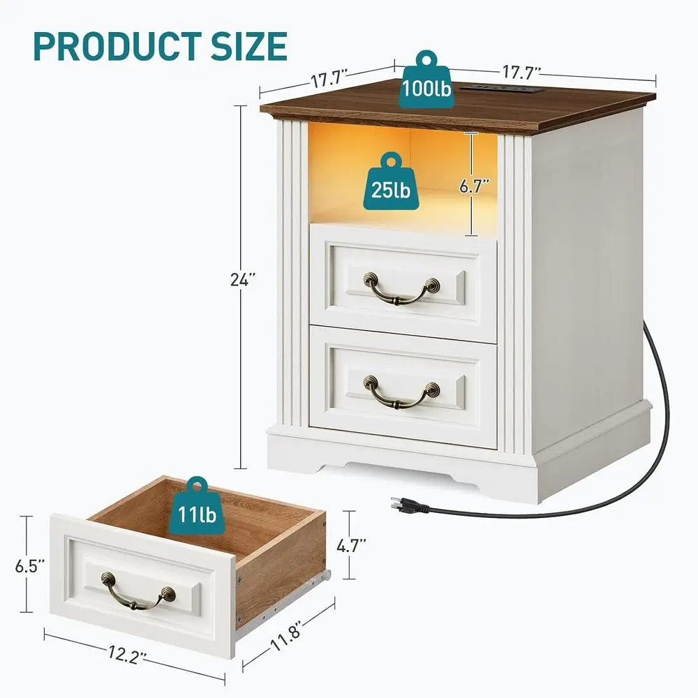 armhouse Nightstand with Charging Station, Night Stand with 2 Ders, End Tables Living Room, LED Bed Side Table with Open Shel, E