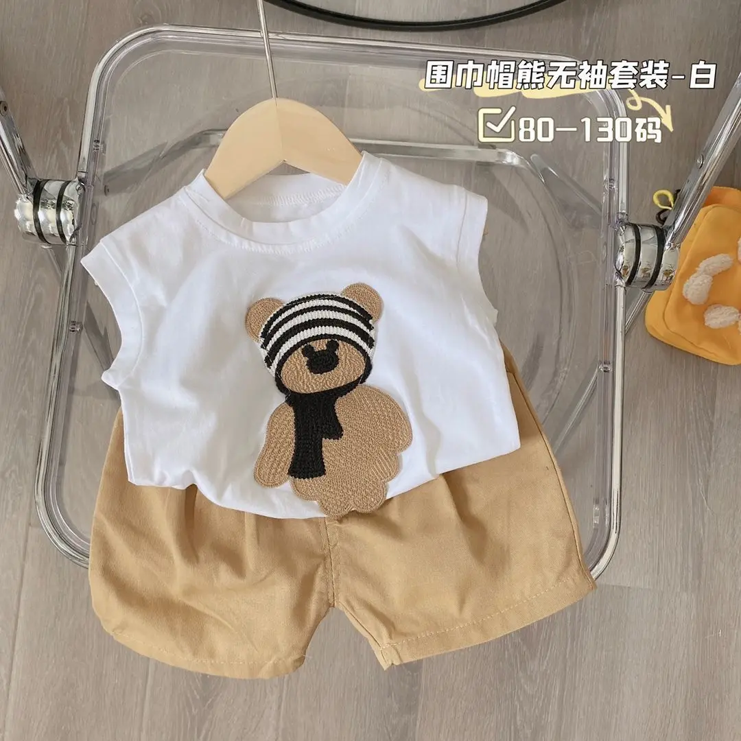 

Summer New Boys and Girls Sleeveless Vest Cotton T-Shirt Shorts Children Bear Cartoon Foreign Style Baby Two-Piece Suit