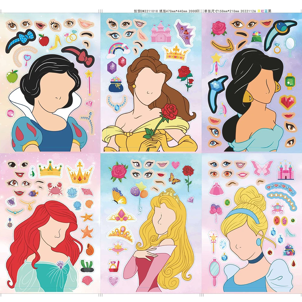 6/12 Blatt DIY Disney Prinzessinnen Gesichts-Puzzle-Aufkleber zum Selbstgestalten, Zusammenbaubares Cartoon-Sticker-Set für Partyspiele und Dekoration