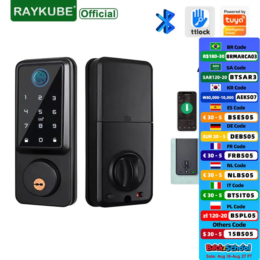 RAYKUBE A1 TT Lock BLE/ Tuya WiFi Fingerprint Deadbolt Smart Door Lock Digital Lock With Door Sensor Password/IC Card/APP/Key
