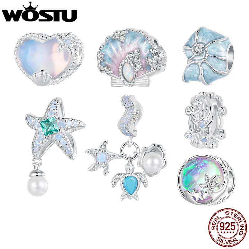 

WOSTU 925 Sterling Silver Blue Dreamy Shell Charm Star Fish Pendant Heart Beads Fit Original Bracelet DIY Neckalce Holiday Gift