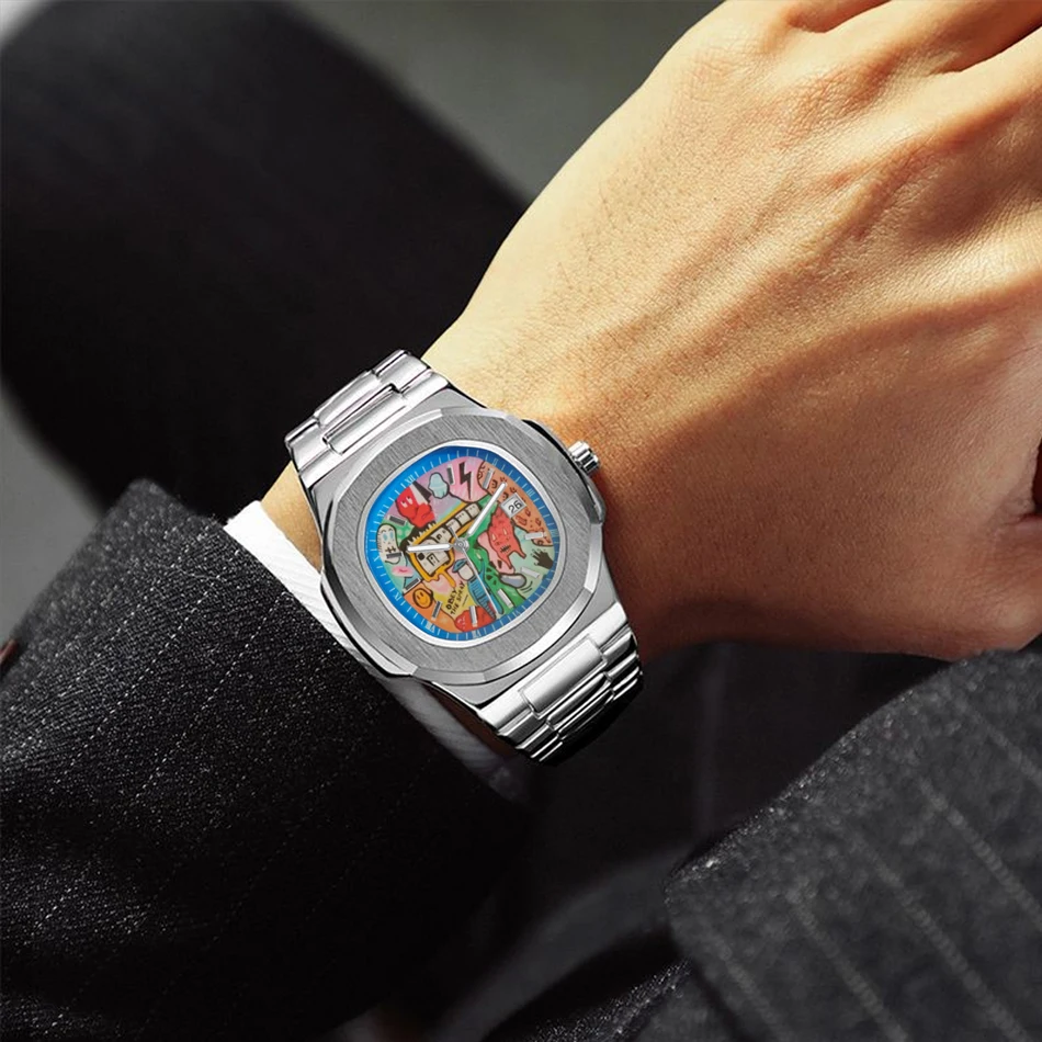 スクエアレトロメンズ腕時計ライト高級ブランド本物のグラフィティダイヤル合金ストラップ防水クォーツ時計メンズ発光腕時計