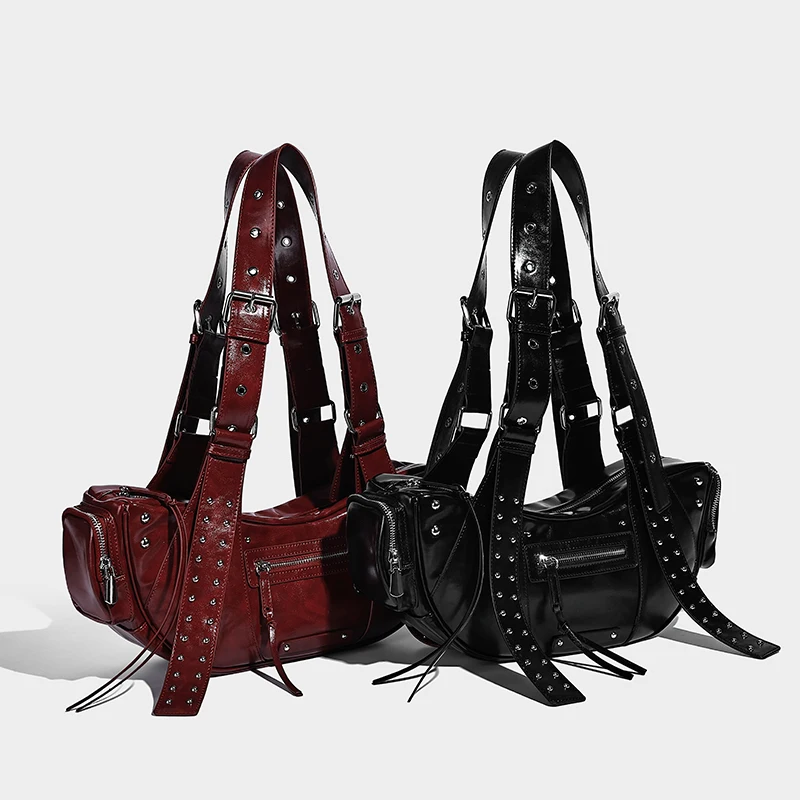 

New Fashion Women's Sli Motorcycle Shoulder Bag European and American Y2K Cool Rivets Luxury Design Commuting Armpit Crossbody B