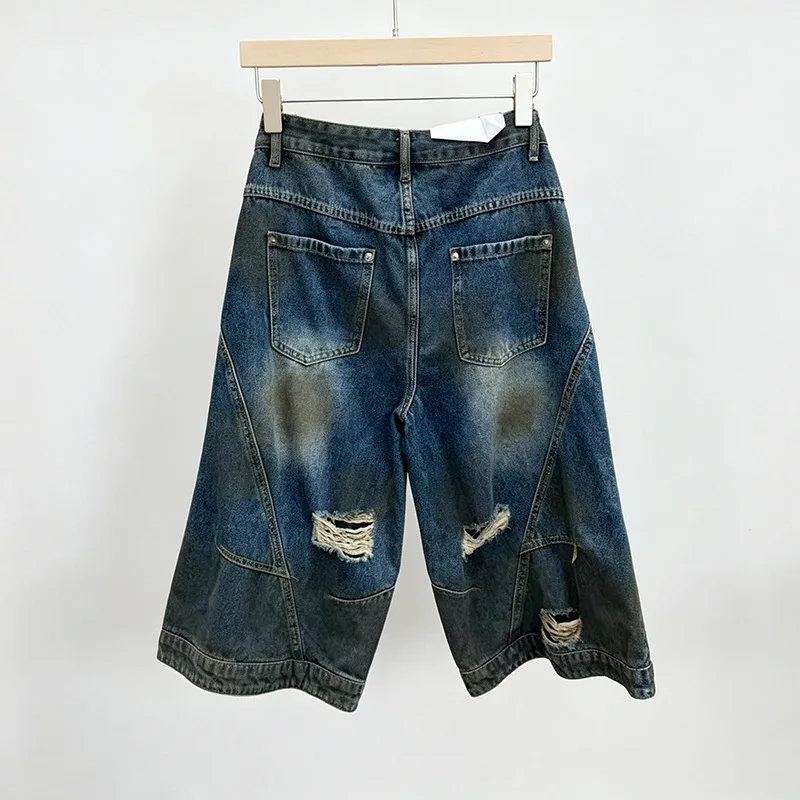 ANJY Spring Summer New Women American Style Washed Distressed Ripped Trendy Jeans Chic Loose Wide-Leg Denim Cropped Pants A24843