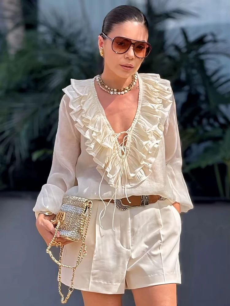 

HH Women Fashion Solid V Neck Blouses Lantern Long Sleeve Shirt Summer Translucent Thin Lace Up Blouse High Street Chic Tops