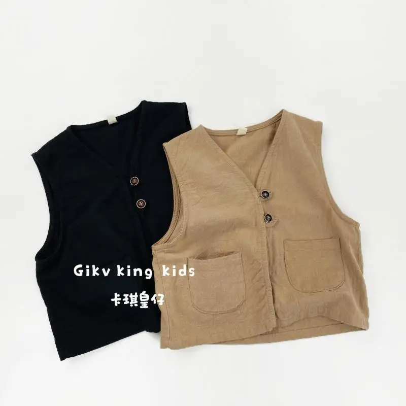 

2026 Spring New Children Sleeveless Vest Jacket Solid Boys Linen Cotton Vest Baby Girls Outdoor Vest Cardigan Coat Kids Clothes