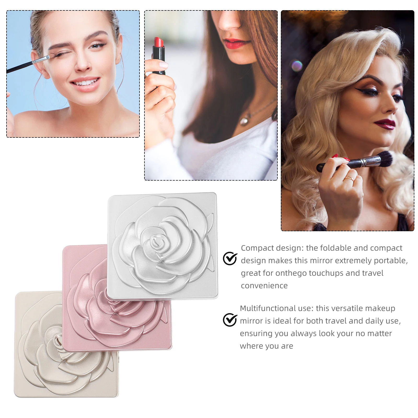 3개입 미니 메이크업 거울 컴팩트 여행용 접이식 장미 디자인 확대 기능 소형 거울 휴대용