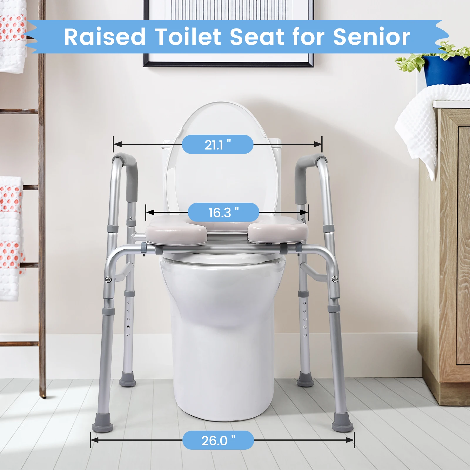 Raised Toilet Seat, 350LB Homecare Commode Bathroom Assist Frame for Elderly Handicapped Disabled Adjustable Height, Padded Seat image 3