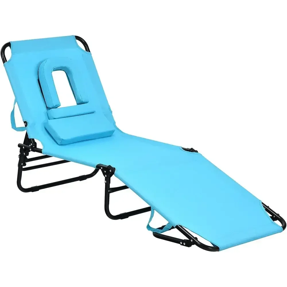 5-Position Adjustable Outdoor Reclining Chaise Lounge Chair with Hole, Portable Tanning Chair for Beach, Patio, and Poolside (Tu
