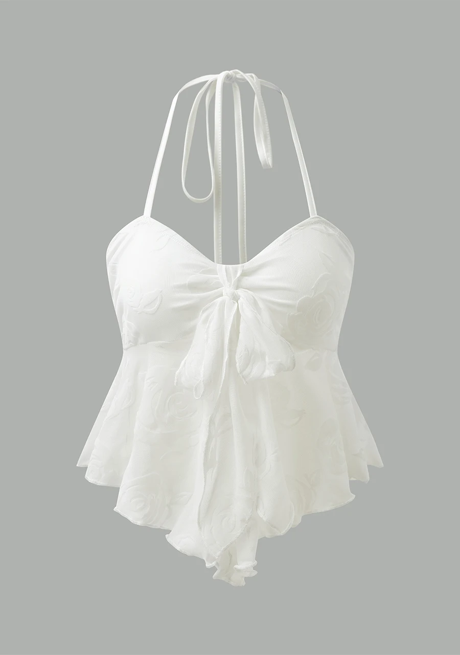 Women's Fashion Ruffle Irregular Hem Mesh Flower Flocking Sexy Front Chest Bow Tie Halter Neck Suspender Top
