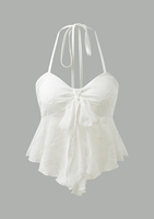 Women's Fashion Ruffle Irregular Hem Mesh Flower Flocking Sexy Front Chest Bow Tie Halter Neck Suspender Top