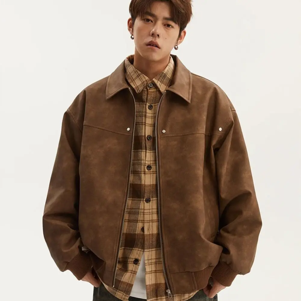 

Casual Clothing Loose Fit Men Jackets Thick Long Sleeves Zipper Coat Warm Solid Color Turn Down Collar Jacket Spring Season