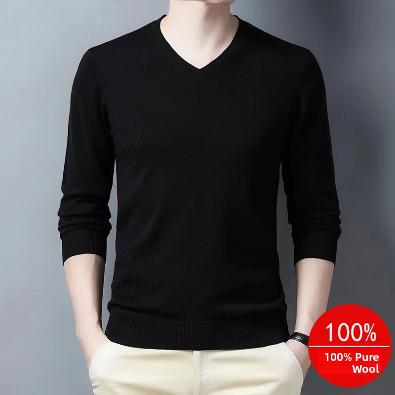 

Мужская тонкая шерстяная трикотажная футболка с длинным рукавом и V-образным вырезом, модная, однотонная, базовая, для повседневной носки, осень-зима