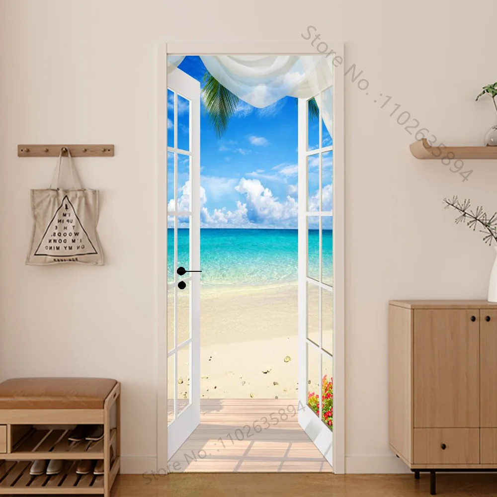 Girl Shadow Wooden Doors Vinyl Home Mural Decal Wallpaper Peel and Stick Removable Portrait, 3D Door Wall Sticker Decor Bathroom view 5