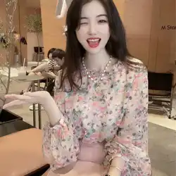 Chiffon Shirt Women's Long Sleeved Floral Design Niche and Slimming Chic Top Trend
