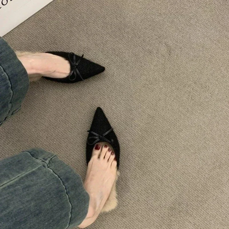 

French Fairy Fluffy Shoes Female Bag Head Half Slippers 2025 Spring New High-heeled Plush Pointed Women's Shoes