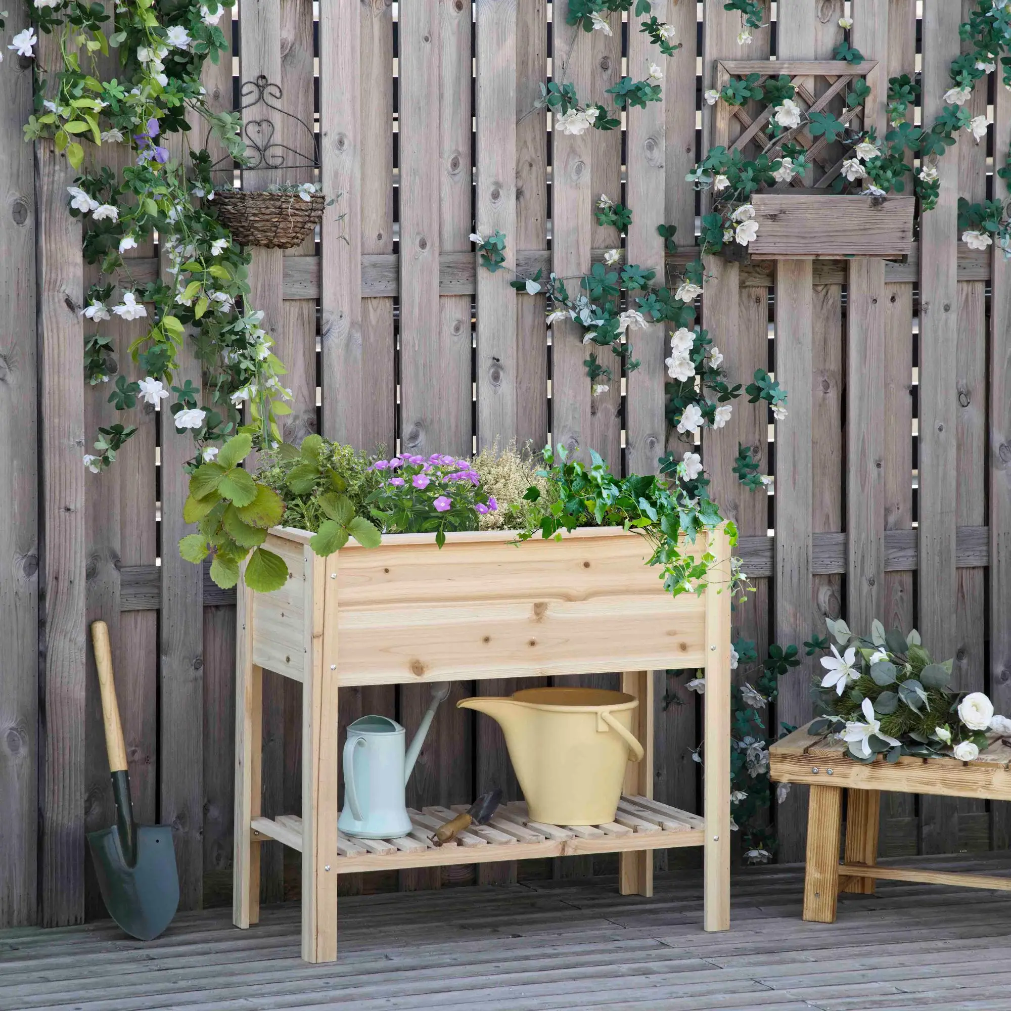 Cama elevada con rejilla 90x40x81 cm, de madera maciza, con cubo de jardín, tela no tejida y sistema de riego para plantas de flor.
