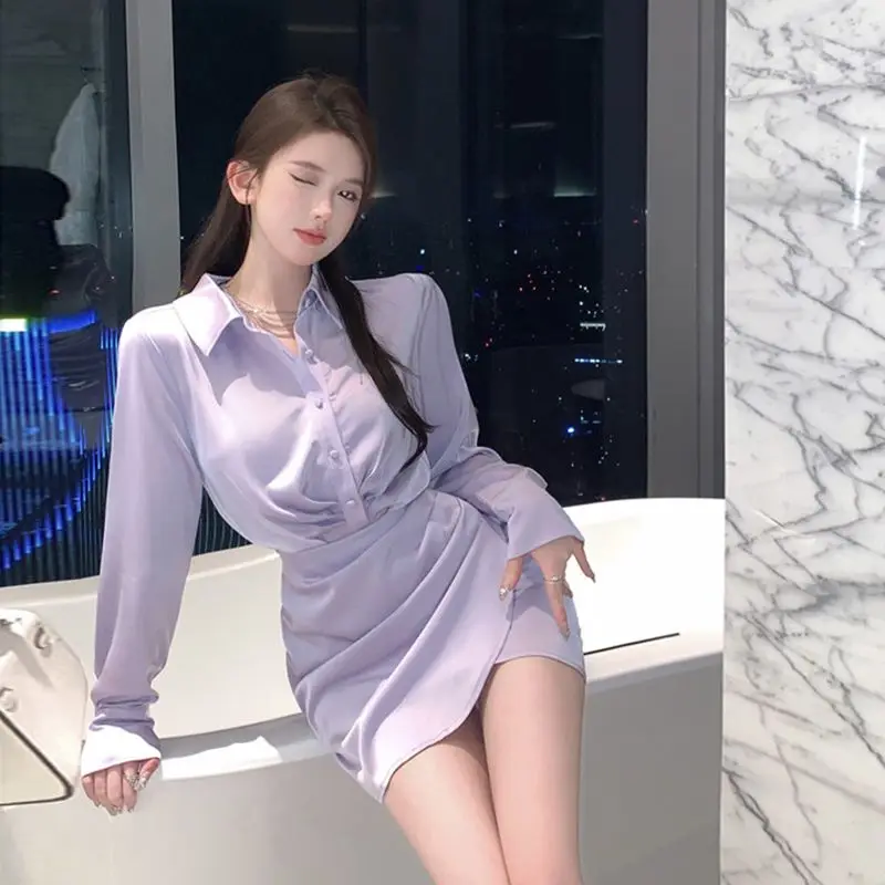 Ele P Purple Satin Long Sve irt Dr Women's Slimming Waist Cinched Bodycon Skirt Spring Autumn Ladylike Sle