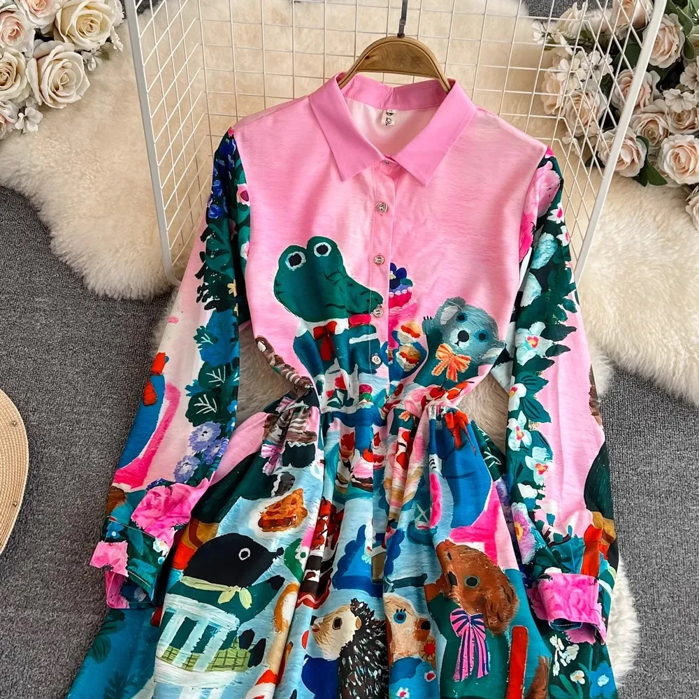 New 2023 Chic Fashion Autumn Graffiti Print Loose Shirt Dress Women's Lapel Long Sleeve Animals Painting Holiday Maxi Vestidos