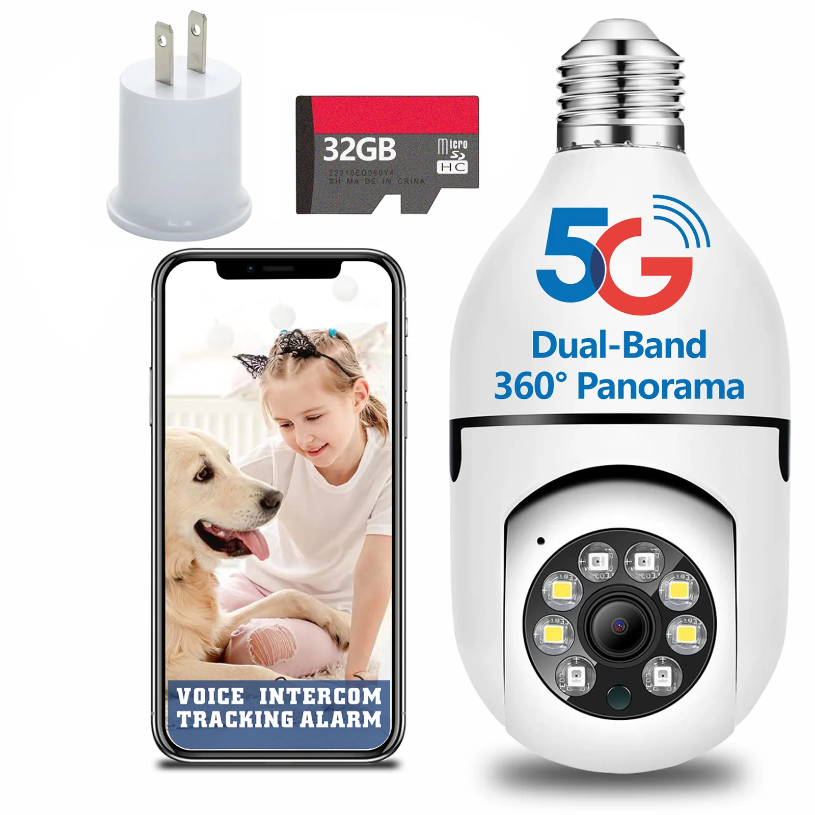 

32G Memory card Light Bulb Security Camera 2.4ghz&5ghz 360°Indoor/outdoor Lightbuble Security Cameras HD/Night Vision